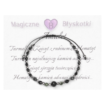 Bransoletka celebrytka czarny TURMALIN ZOISYT Z RUBINEM HEMATYT ochrona